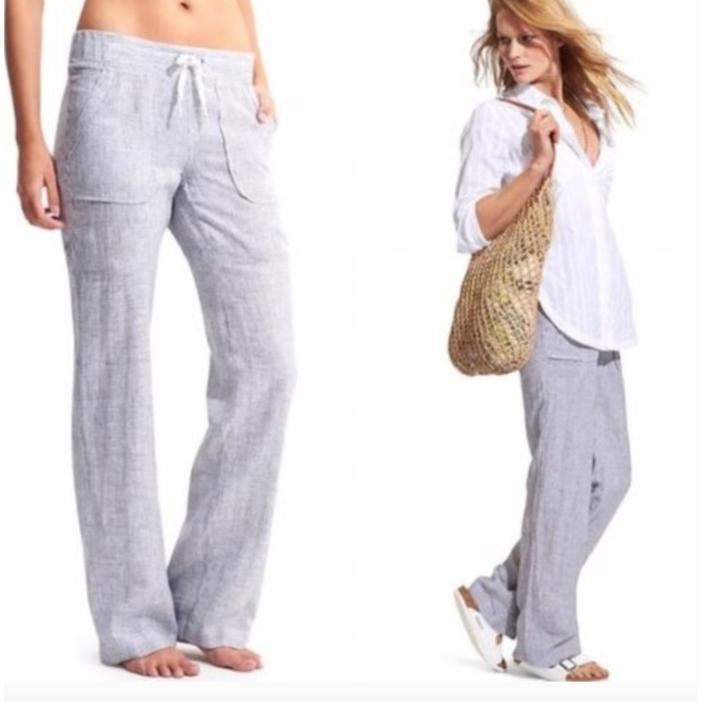 Athleta 100% Linen Stripe Pants Gray White Beach size 0